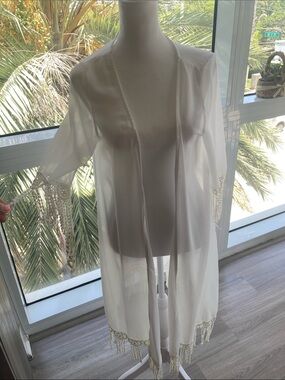 Sheer White/Ivory Boho Cover-Up with Fringe Trim